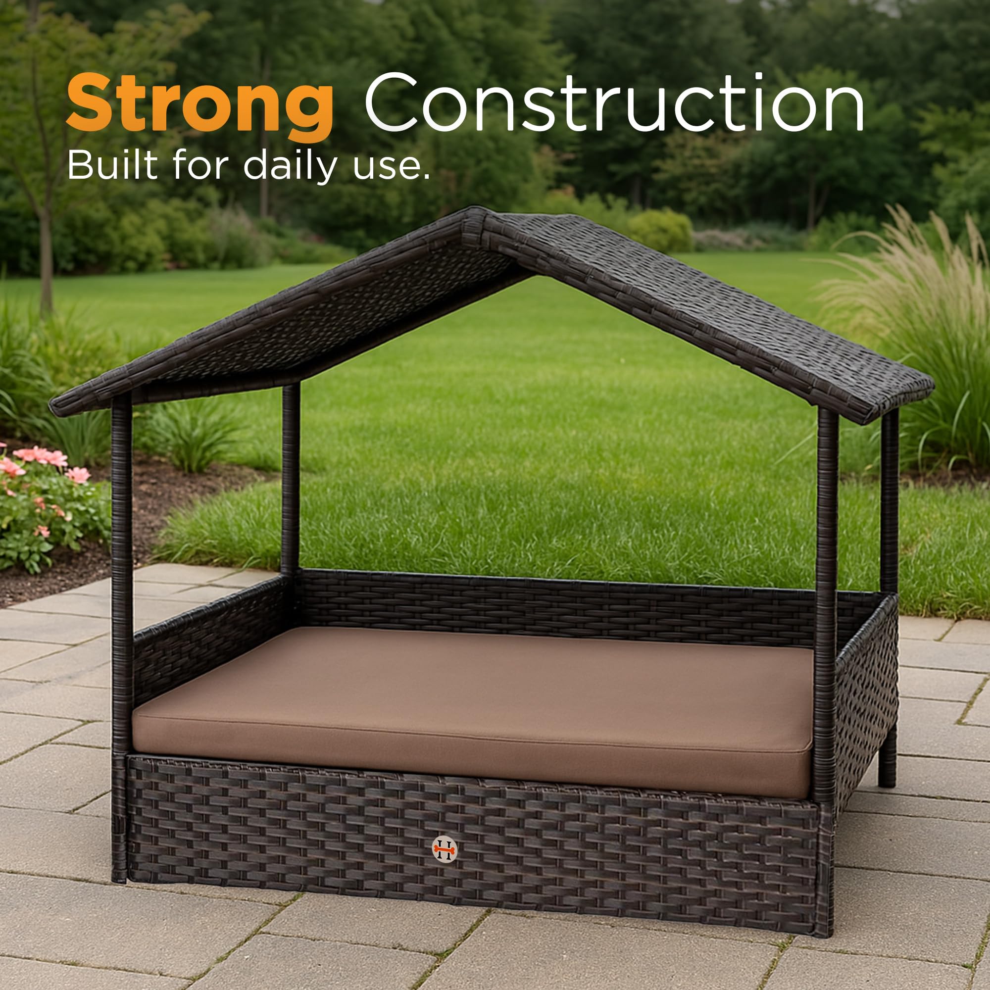 Huntley Pet Rattan Wicker Indoor Outdoor Cabana Raised Pet Bed With Canopy, Weather Proof Cushion Cover